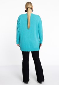 Turquoise gebreide trui met lange mouwen, geribbelde zoom en zijsplitten, gecombineerd met zwarte flared broeken, gezien vanaf de achterkant.