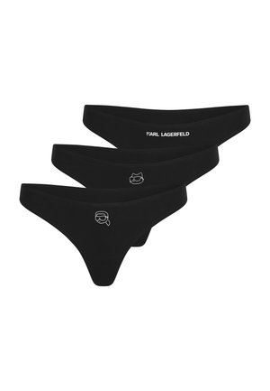 Tre sorte trusser med hvidt logo: "KARL LAGERFELD" tekst, katteansigt med solbriller og ansigt med briller og ponytail.