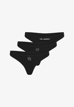 Trei chiloți tanga negri cu logo-uri albe: textul "KARL LAGERFELD", fața unei pisici cu ochelari de soare și o față cu ochelari și coadă de cal.