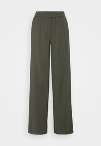 Green wide-leg trousers with an elastic waistband, featuring a smooth, slightly textured fabric. Straight cut and full-length design.