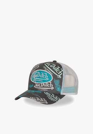 Casquette trucker en mesh noir et blanc Von Dutch avec logo bleu sarcelle et motifs de roues ailées couvrant l'avant et la visière.