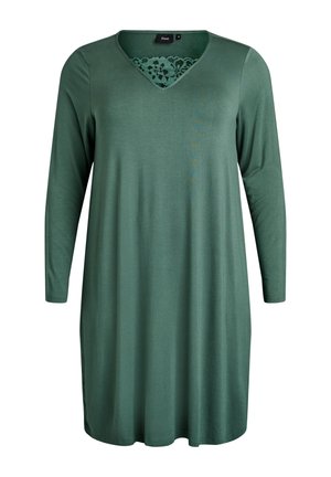 Vihreä pitkähihainen tunikamekko, jossa V-aukko ja pitsikoristeet rinnassa. Pehmeää kangasta, väljä istuvuus ja suora helma.