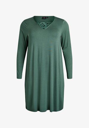 Rohelise värvi pika varrukaga tuunikakleit V-kaelusega ja pitsikaunistustega rinnal. Pehme kangas, lõdva istuvuse ja sirge äärega.