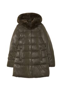 Olijfgroene pufferjas met een nepbont capuchon, geborduurd ontwerp, twee zijzakken en een glanzende afwerking. Ritsluiting aan de voorkant.
