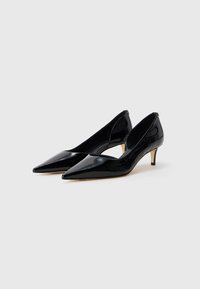 Ein Paar schwarze Lackleder-Pumps mit spitz zulaufender Zehenpartie und niedrigen Absätzen, nebeneinander auf einem weißen Hintergrund präsentiert.