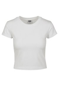 T-shirt court blanc à manches courtes avec col rond et étiquette de la marque Urban Classics à l’intérieur du col.