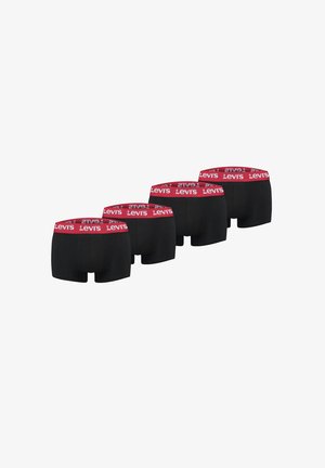 Vier Paare schwarze Herren-Boxershorts mit rotem elastischem Bund und weißen Levi's-Logos, diagonal auf weißem Hintergrund angeordnet.