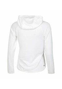 Witte lange mouw hoodieshirt, met een zachte textuur, voorzien van een standaard pasvorm en een minimalistisch ontwerp. Achteraan zijn de stiksels en het detail van de kap te zien.