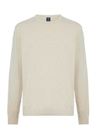 Beige Langarm-Pullover mit Rundhalsausschnitt, mit gerippten Bündchen und Saum, ausgestattet mit einem kleinen schwarzen Etikett am Hals.