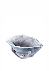 Blauw-wit gestreepte draagtas met een ritssluiting, touwhandvatten en een gladde binnenvoering met meerdere zakken.