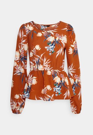 Camisola de mangas compridas em rust com padrão floral. Apresenta um design peplum e decote redondo. Feita de tecido leve e texturizado.