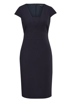 Marineblaues enganliegendes Kleid, knielang, mit tiefem V-Ausschnitt und kurzen Cap-Ärmeln. Verfügt über eine Nahtdetail unterhalb der Brust und einen Reißverschluss im Rücken.