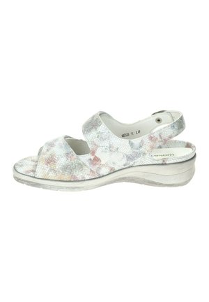 Silver-gray open-toe sandal with low wedge heel, two wide straps, and a textured floral pattern on the upper material.