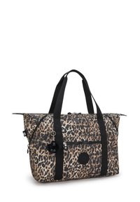Leopard print duffel bag with black straps, zippered pockets, and a monkey keychain accessory. Made from durable fabric.