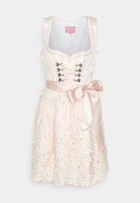 Robe rose avec corsage à laçage, broderies florales et nœud en satin à la taille. Comprend un corsage doublé et une jupe évasée.