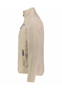 Beige fleece jacket with a high collar and zippered chest pocket, featuring a textured surface and contrasting lighter trim along edges.