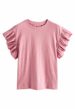 Różowy t-shirt z krótkim rękawem z falbankami na rękawach ozdobiony małymi, okrągłymi srebrnymi ćwiekami, o okrągłym dekolcie, jednobarwny.