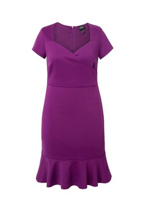Lila, kurzärmliges Kleid mit Wickeldesign, tailliertem Oberteil und schwingendem Rüschensaum. Verfügt über einen Reißverschluss auf der Rückseite und eine glatte Textur.