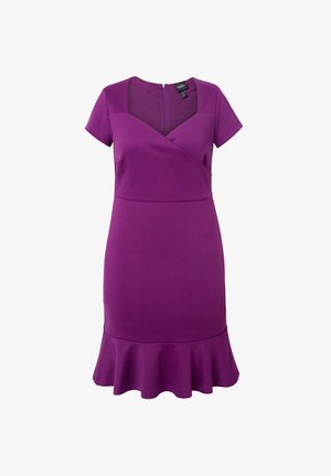 Vestito viola a maniche corte con design avvolgente, corpetto aderente e orlo arricciato svasato. Presenta una zipper sul retro e una texture liscia.