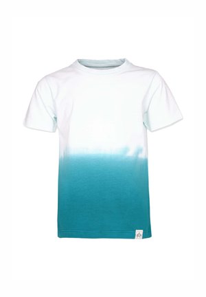 Kortærmet bomulds t-shirt med et gradientdesign fra hvid til teal, med et mærke i nederste højre hjørne og rund halsudskæring.