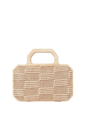 Piccola borsa rettangolare con texture in paglia intrecciata e manico in legno in tonalità naturali beige su sfondo bianco.