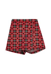 Pantalones cortos de cuadros rojos con un patrón de corazones, hechos de una tela texturizada con acentos en blanco y negro. Ajuste entallado con bordes dobladillados.