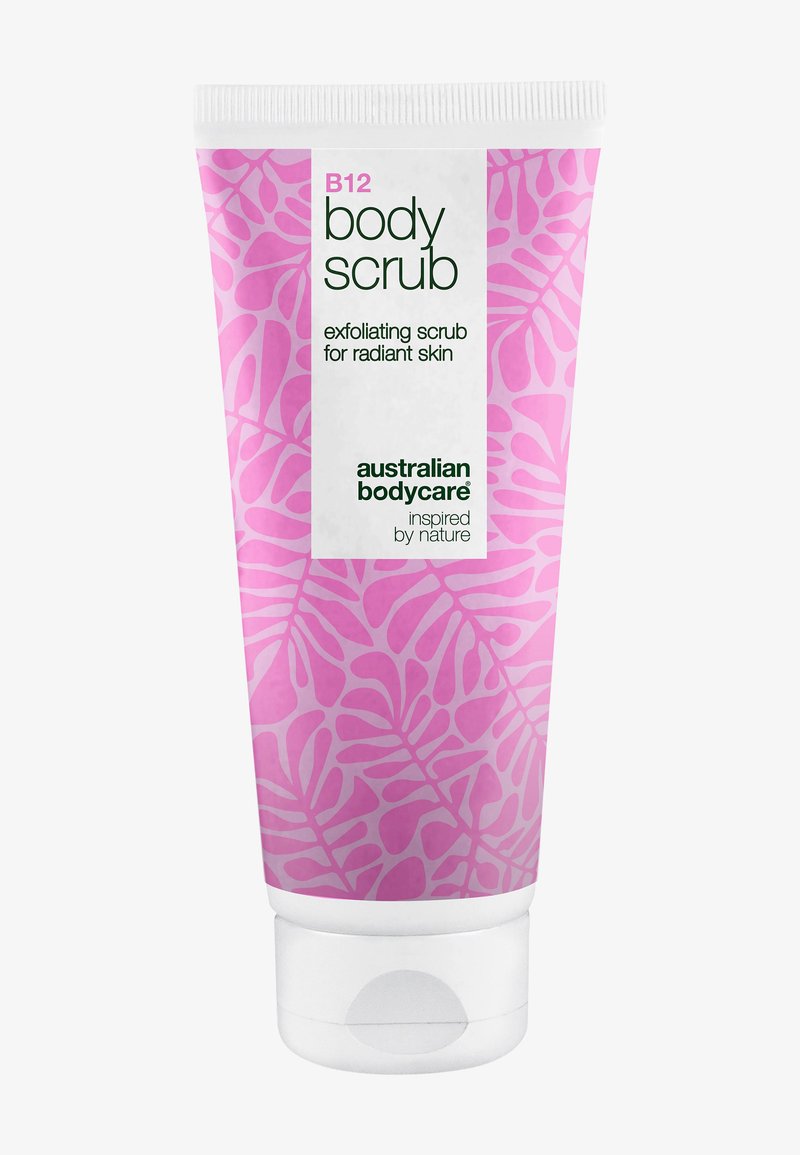 Tube de gommage corporel B12 avec motif de feuilles roses, étiqueté gommage exfoliant pour une peau éclatante par Australian Bodycare.