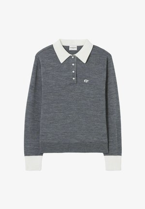 Polo shirt grigio a maniche lunghe con colletto bianco, patta dei bottoni e piccolo logo sul petto; polsini e orlo a costine. Tessuto in maglia morbida.
