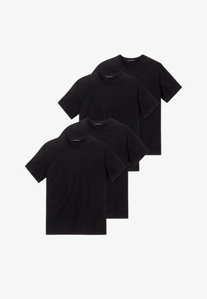 Four black cotton t-shirts with short sleeves, crew neck design, and a smooth texture. All shirts are laid flat in a stack.