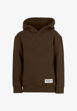 Brun hættebluse lavet af blødt stof, med en frontlomme, ribbede manchetter og et logomærke nederst i kanten.