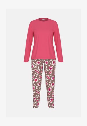 Haut à manches longues de couleur rose uni associé à un pantalon marron orné de motifs floraux roses et blancs.