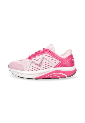 Laufschuh aus hellrosa Mesh mit dunkelpink Akzenten. Verfügt über eine gepolsterte Sohle, strukturierte Overlays und einen atmungsaktiven Kragen.