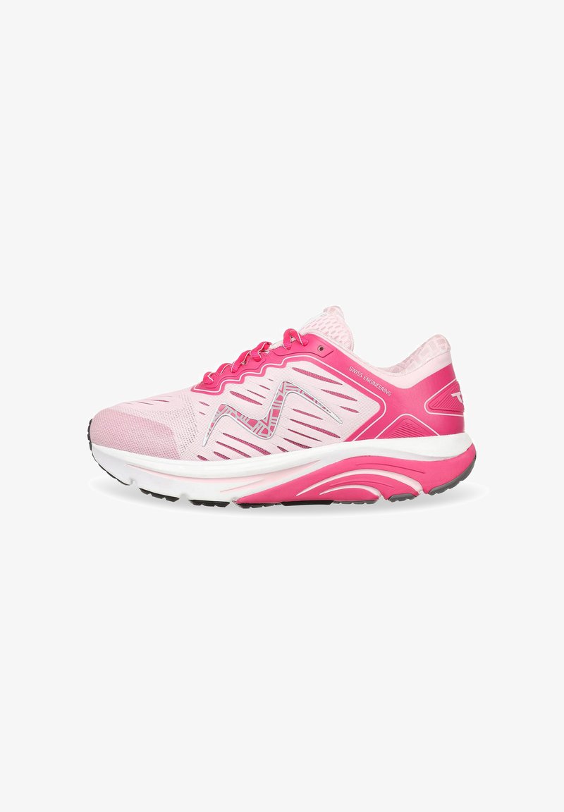 Laufschuh aus hellrosa Mesh mit dunkelpink Akzenten. Verfügt über eine gepolsterte Sohle, strukturierte Overlays und einen atmungsaktiven Kragen.
