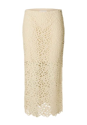 Spitzen-Midi-Rock in Creme, mit aufwendigen Blumenmustern, einer taillierten Silhouette und einem gewellten Saum. Aus Baumwollmischung.