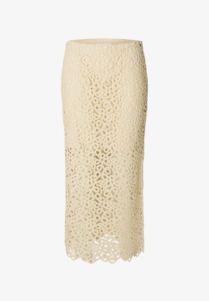 Spets midi kjol i krämfärgad, med intrikata blommönster, en figursydd siluett och en scalloped nederkant. Material i bomullsblandning.