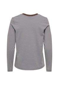 Koszula z długim rękawem w brązowo-białe paski, okrągły dekolt z brązową lamówką, miękki bawełniany materiał, dopasowany fason.