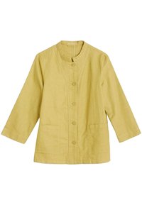 Giacca in lino di un giallo chiaro con scollo rotondo, chiusura frontale con bottoni e due tasche laterali. Caratterizzata da maniche lunghe e taglio dritto.