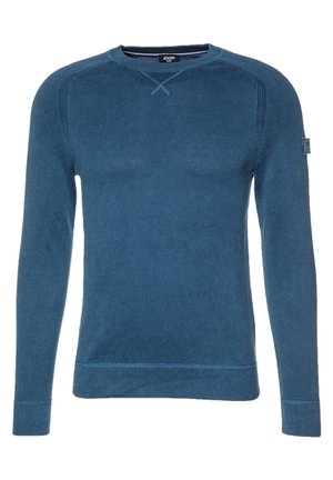 Maglione blu a maglia con maniche lunghe, scollatura a girocollo, tessuto texturizzato e dettagli di cucitura a contrasto. Toppa con logo sulla manica sinistra.