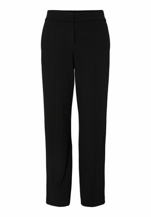 Černé, šité kalhoty vyrobené z hladké tkaniny. Mají rovný střih nohavic, pas a přední záhyby pro strukturu.