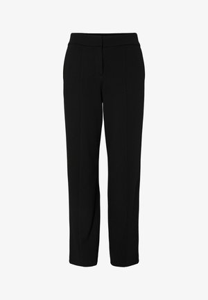 Černé, šité kalhoty vyrobené z hladké tkaniny. Mají rovný střih nohavic, pas a přední záhyby pro strukturu.