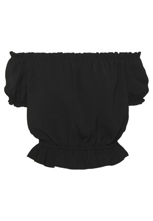 Sort off-shoulder bluse med korte puffede ærmer, elastisk halsudskæring og flæsekant ved taljen.
