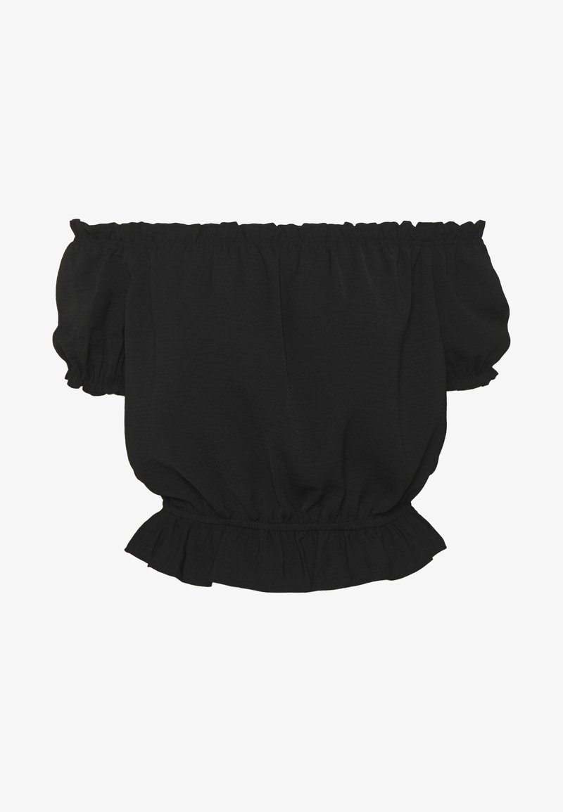 Blouse noire épaules dénudées avec manches courtes bouffantes, encolure élastique et ourlet volanté à la taille.