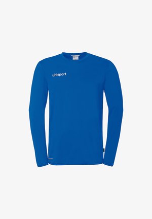 Chemise de sport à manches longues bleue avec le logo "uhlsport" sur la poitrine et un tissu respirant.
