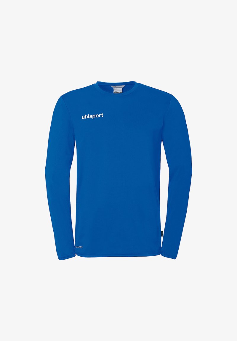 Chemise de sport à manches longues bleue avec le logo "uhlsport" sur la poitrine et un tissu respirant.