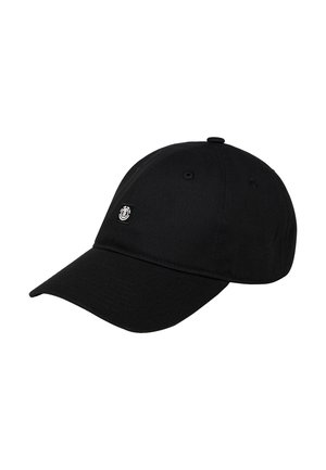Black baseball cap with a curved brim, fabric surface, and a small logo patch on the front. Features ventilation eyelets and adjustable strap.