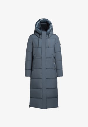 Piumino grigio scuro con collo alto, cappuccio aderente e due tasche laterali; presenta cuciture orizzontali e dettagli con zip.