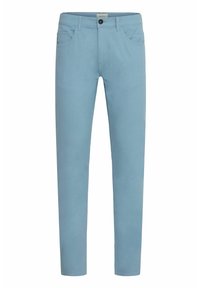 Lichtblauwe denim broek met een recht model, vijf zakken, ritsluiting en knoopsluiting. Gladde textuur zonder zichtbare patronen.