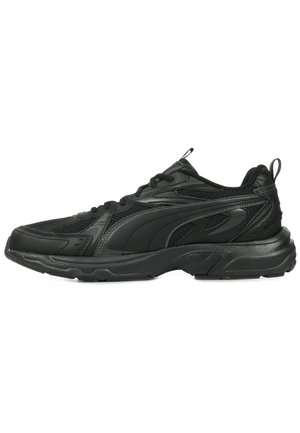 Black athletic sneaker with textured sole, mesh and synthetic upper, lace-up closure, and pull tabs on tongue and heel.