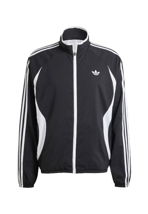 Black zip jacket with white accents, featuring three white stripes along each sleeve and a small white logo on the chest. Lightweight material.