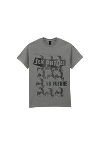 Grå bomulds t-shirt med et grafisk design med teksten "Sex Pistols" og "No Future", samt billeder i sort og hvid. Korte ærmer, rund hals.